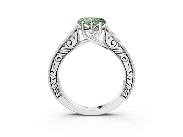 White gold Fancy Green Heart Cut Cut Pave Band Milgrain Solitaire Ring