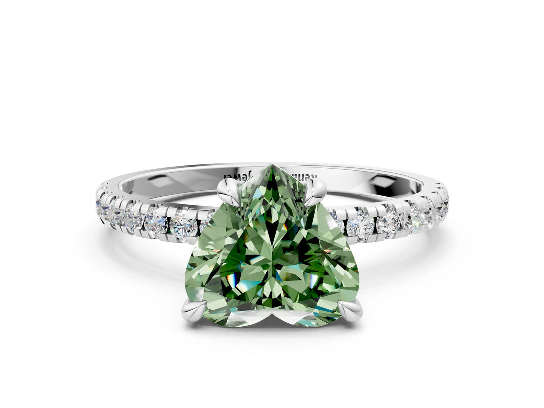 White gold Fancy Green Heart Cut Diamond Brilliant Solitaire Ring with Pavé Band and Four-Prong Setting_1