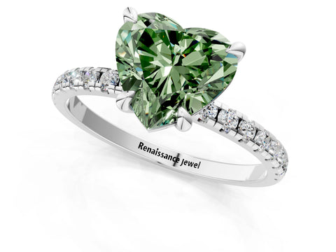 White gold Fancy Green Heart Cut Diamond Brilliant Solitaire Ring with Pavé Band and Four-Prong Setting_1