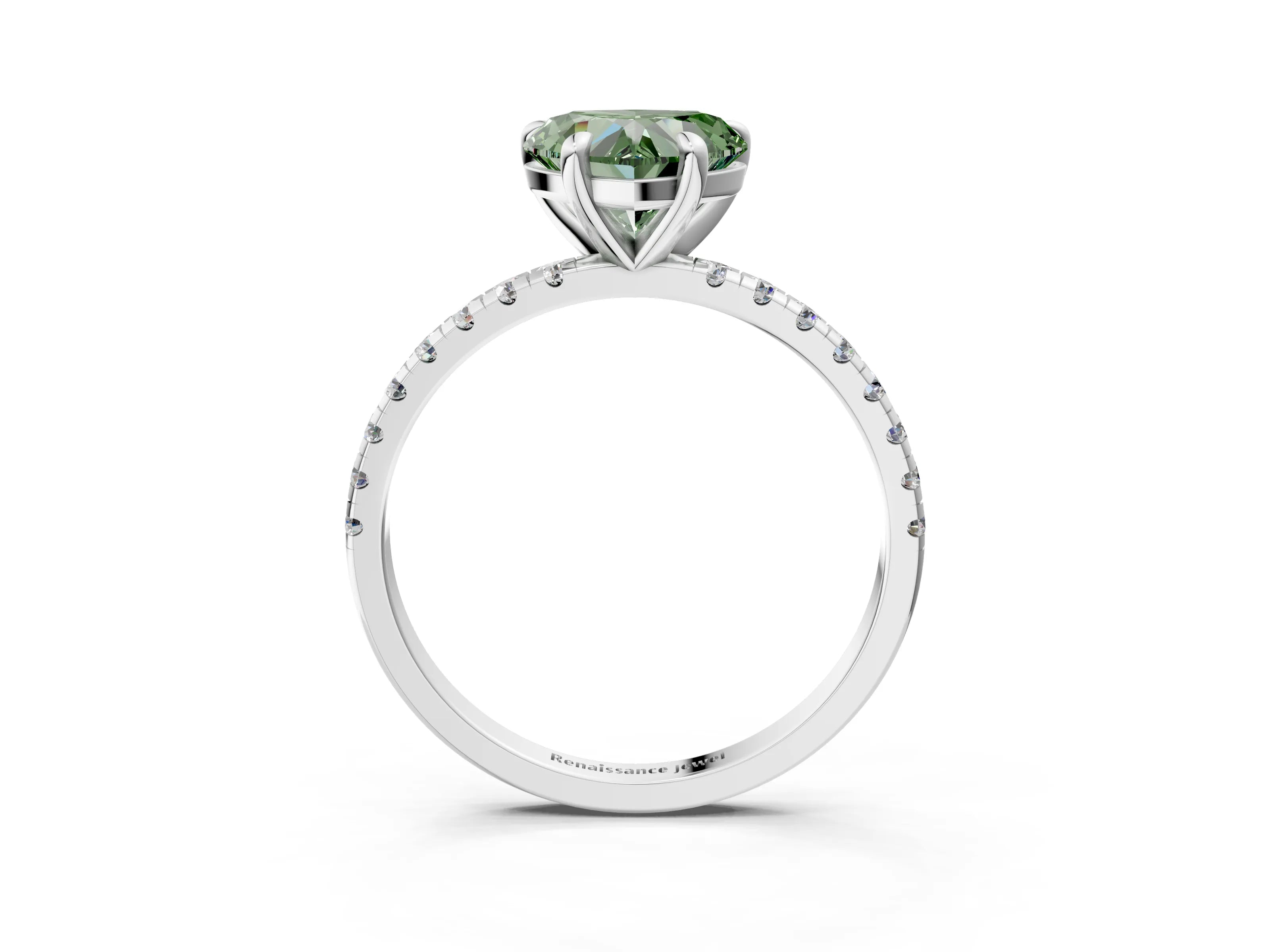 White gold Fancy Green Heart Cut Diamond Brilliant Solitaire Ring with Pavé Band and Four-Prong Setting_3