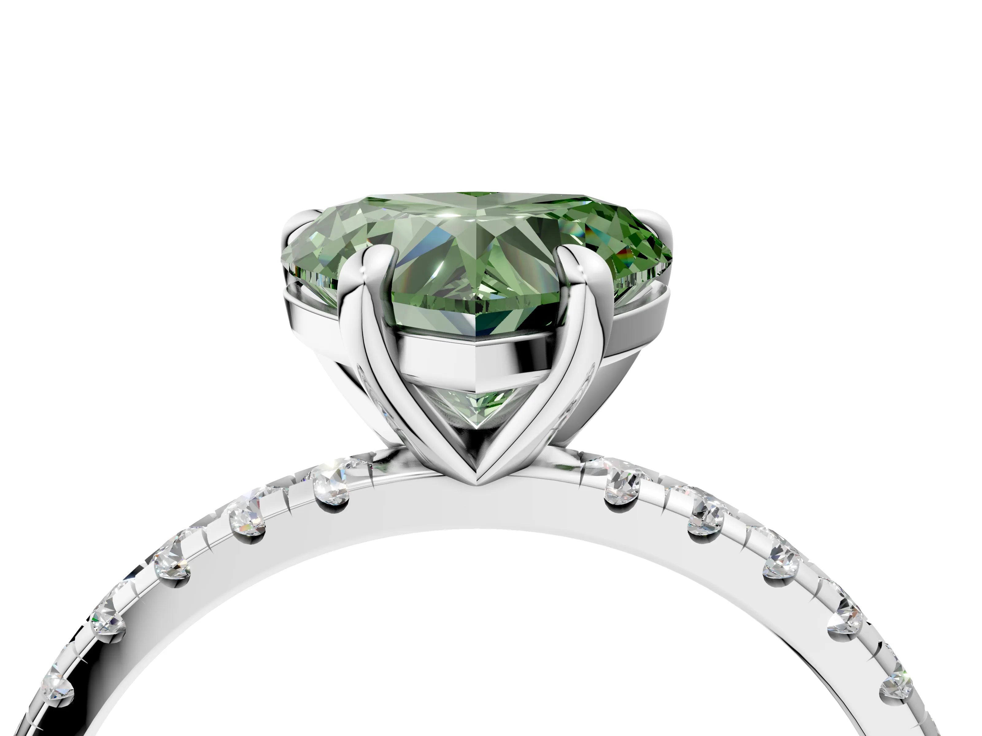White gold Fancy Green Heart Cut Diamond Brilliant Solitaire Ring with Pavé Band and Four-Prong Setting_4