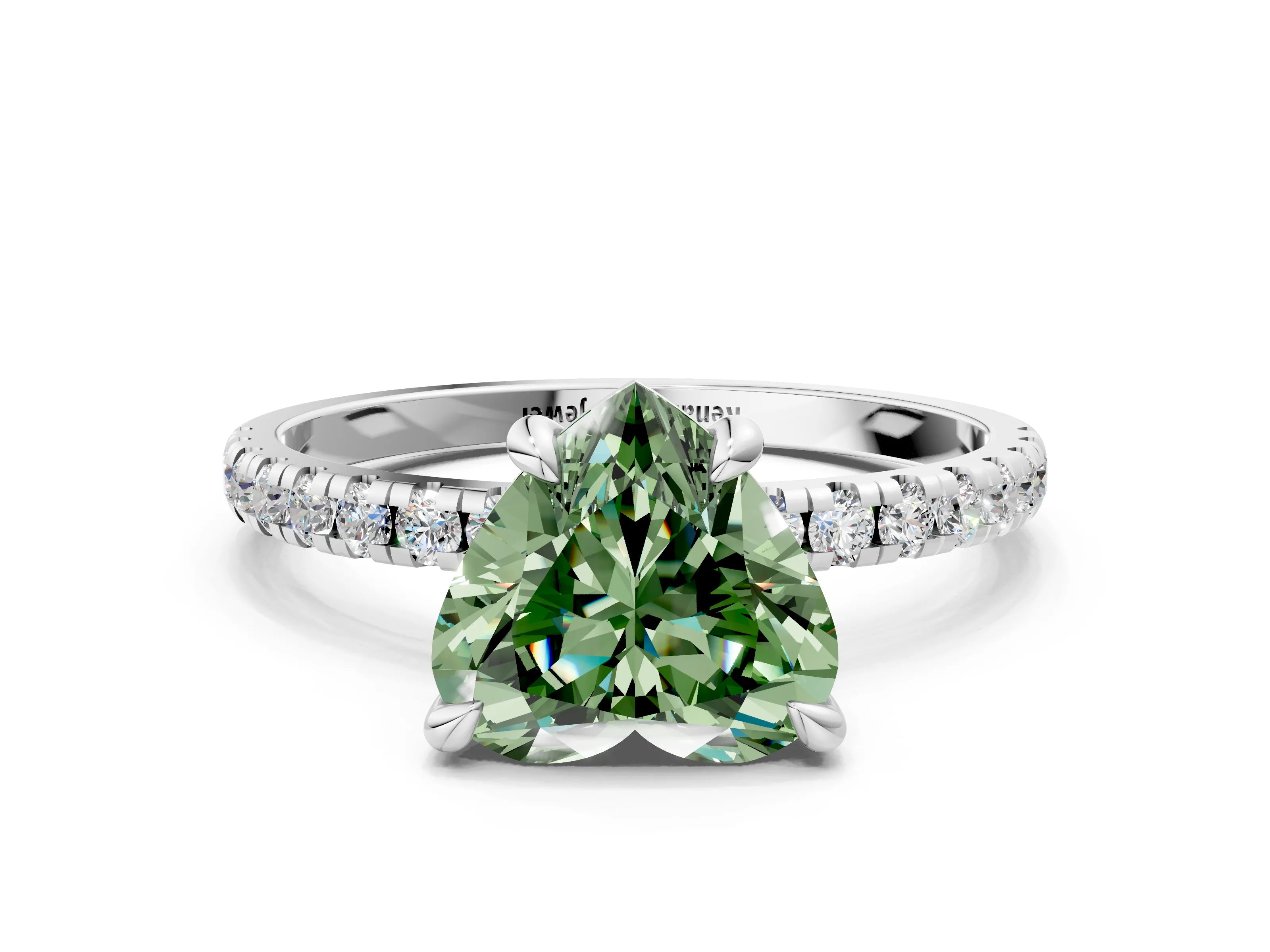 White gold Fancy Green Heart Cut Diamond Brilliant Solitaire Ring with Pavé Band and Four-Prong Setting