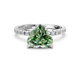 White gold Fancy Green Heart Cut Diamond Brilliant Solitaire Ring with Pavé Band and Four-Prong Setting