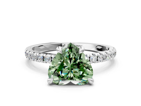 White gold Fancy Green Heart Cut Diamond Brilliant Solitaire Ring with Pavé Band and Four-Prong Setting