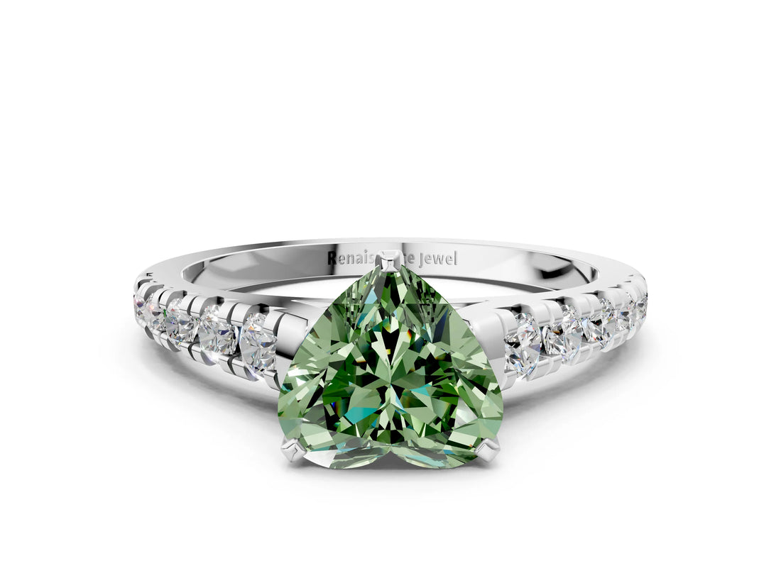 White gold Fancy Green Heart Cut Diamond Cathedral Solitaire Ring with Round  Pavé Band_77