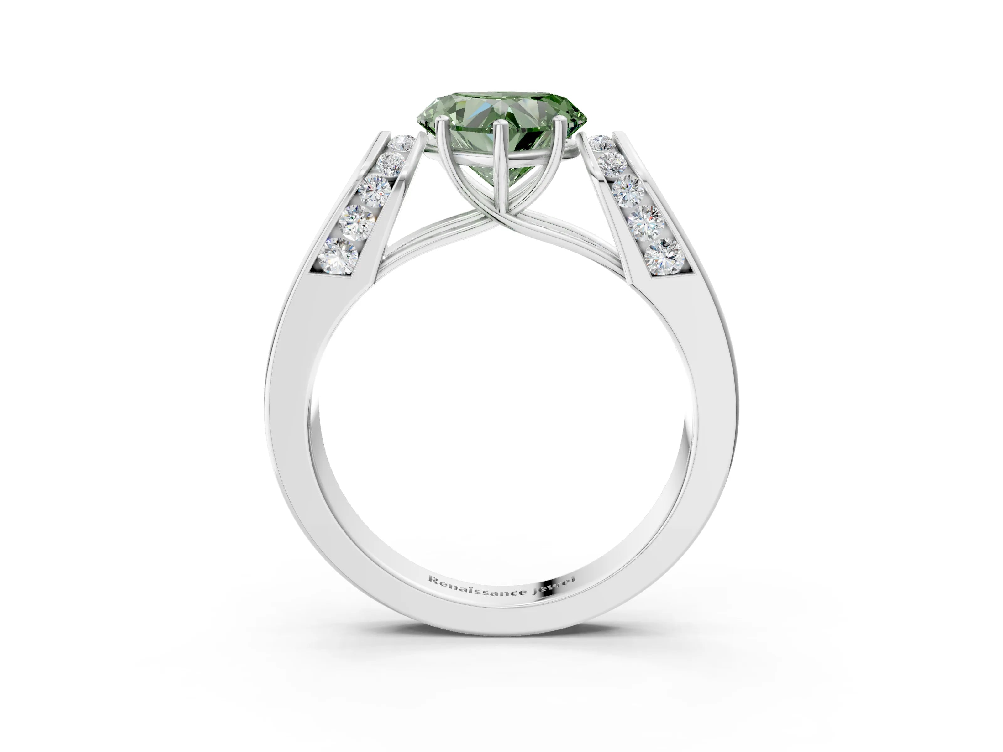 White gold Fancy Green Heart Cut Diamond Channel Set Solitaire Ring with Four-Prong Setting_16