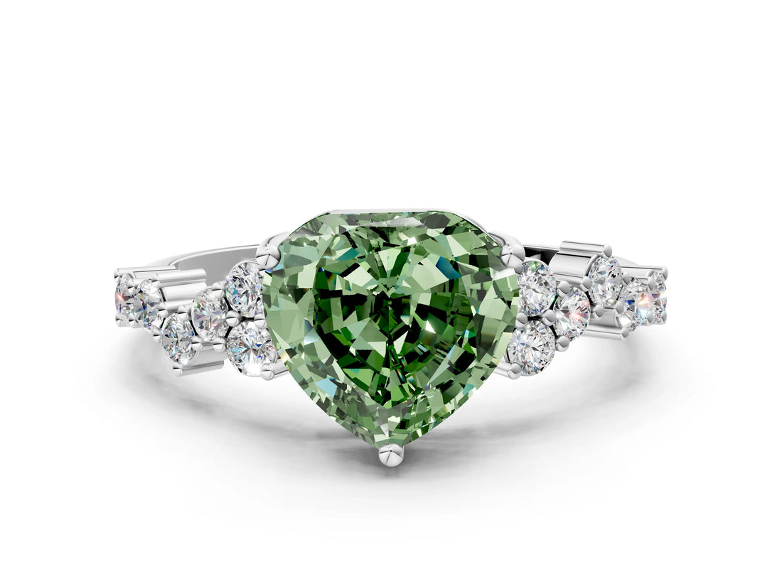 White gold Fancy Green Heart Cut Diamond Cluster Pavé Band with Four-Prong Setting_12