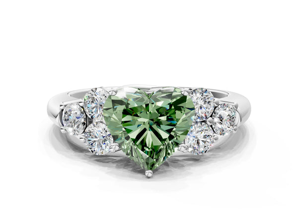 White gold Fancy Green Heart  Cut Diamond Cluster Ring with Round Accent Stones and Prong Setting on a Classic Band