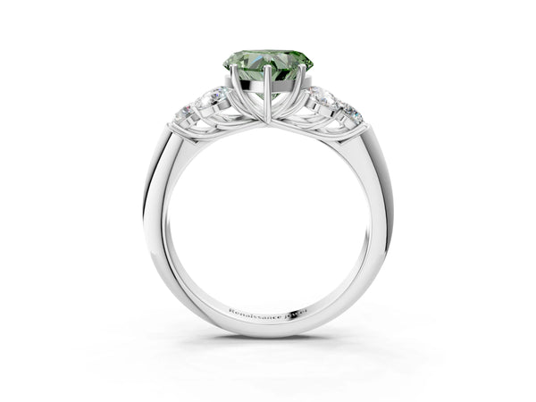 White gold Fancy Green Heart  Cut Diamond Cluster Ring with Round Accent Stones and Prong Setting on a Classic Band