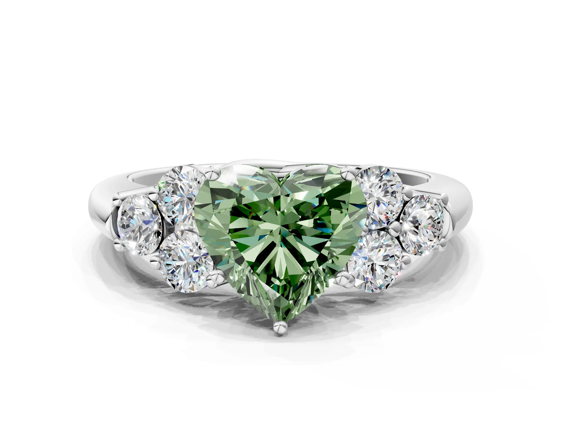 White gold Fancy Green Heart  Cut Diamond Cluster Ring with Round Accent Stones and Prong Setting on a Classic Band_40