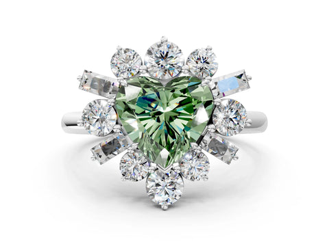 White gold Fancy Green Heart Cut Diamond Cluster Ring with Round and Baguette Stones, Split Shank Band, Prong Setting
