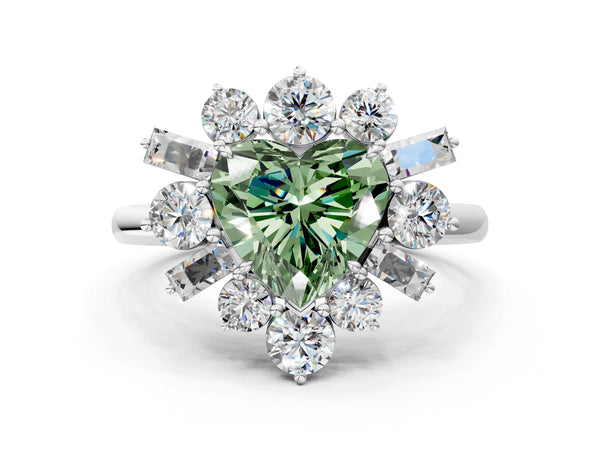 Platinum Fancy Green Heart Cut Diamond Cluster Ring with Round and Baguette Stones, Split Shank Band, Prong Setting