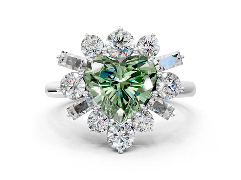 White gold Fancy Green Heart Cut Diamond Cluster Ring with Round and Baguette Stones, Split Shank Band, Prong Setting_12