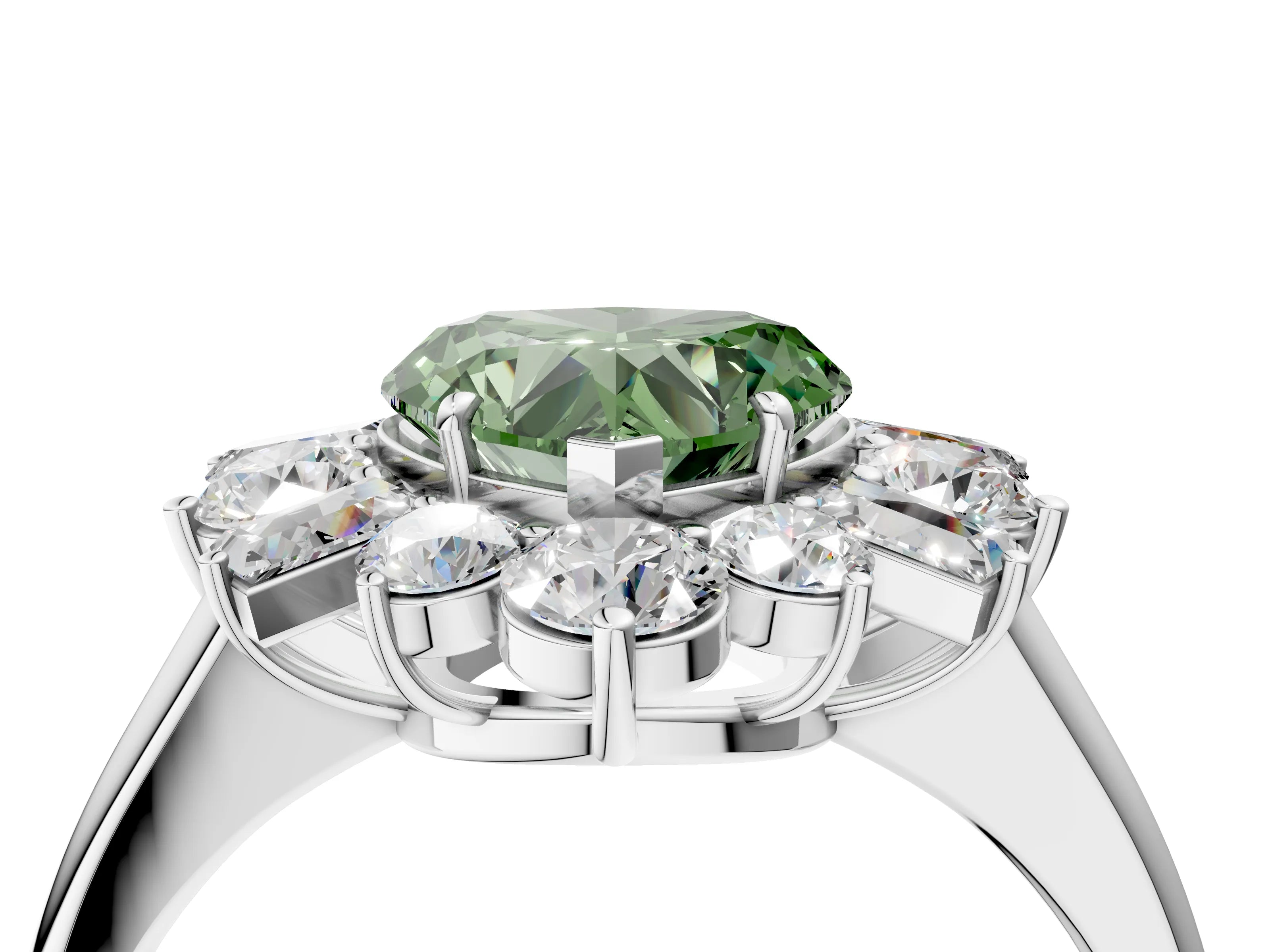 White gold Fancy Green Heart Cut Diamond Cluster Ring with Round and Baguette Stones, Split Shank Band, Prong Setting_16