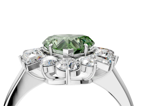 White gold Fancy Green Heart Cut Diamond Cluster Ring with Round and Baguette Stones, Split Shank Band, Prong Setting_16