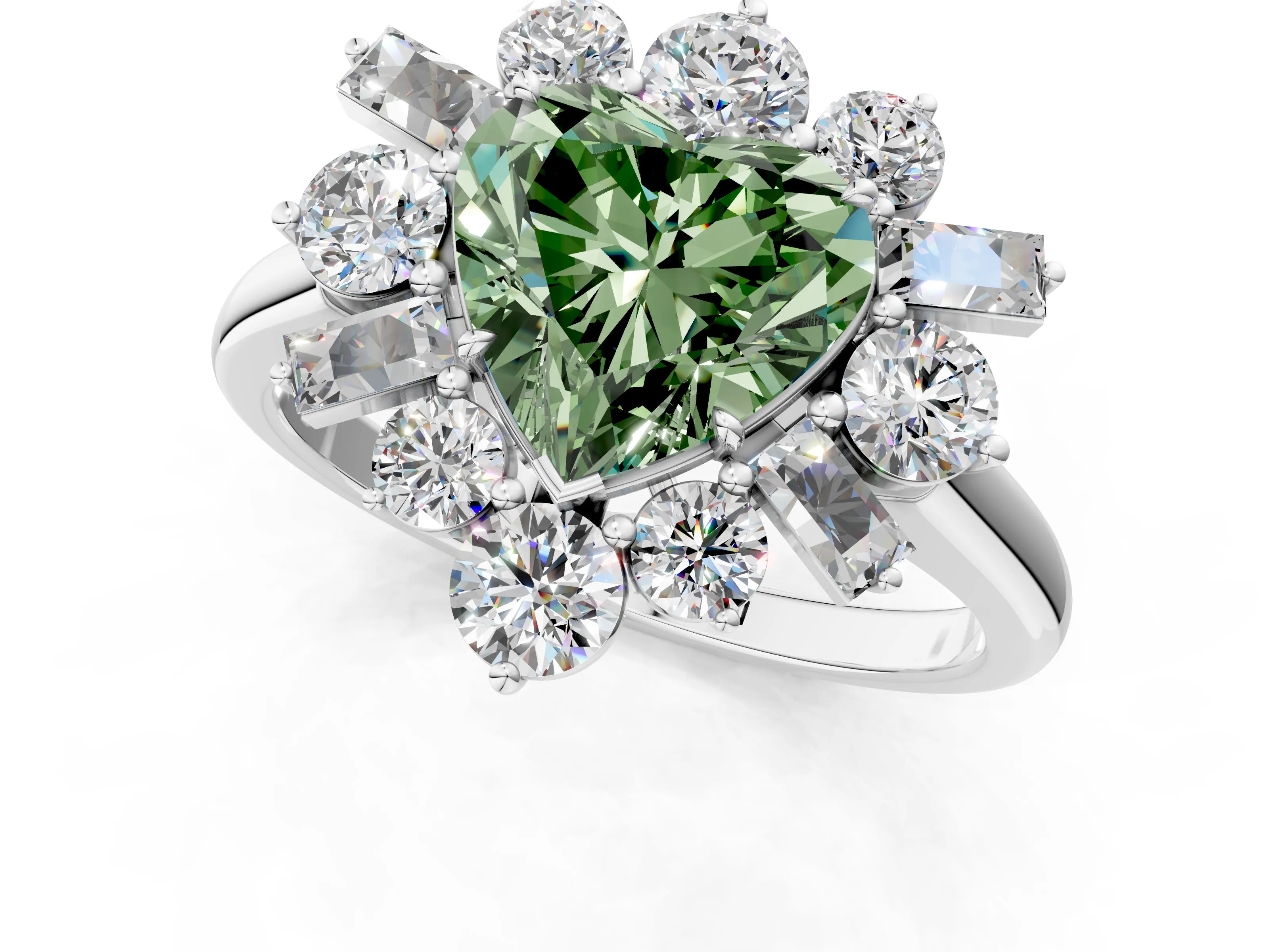 White gold Fancy Green Heart Cut Diamond Cluster Ring with Round and Baguette Stones, Split Shank Band, Prong Setting_1