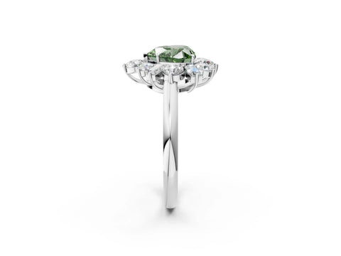 White gold Fancy Green Heart Cut Diamond Cluster Ring with Round and Baguette Stones, Split Shank Band, Prong Setting_2