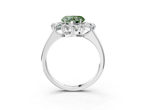 White gold Fancy Green Heart Cut Diamond Cluster Ring with Round and Baguette Stones, Split Shank Band, Prong Setting_3