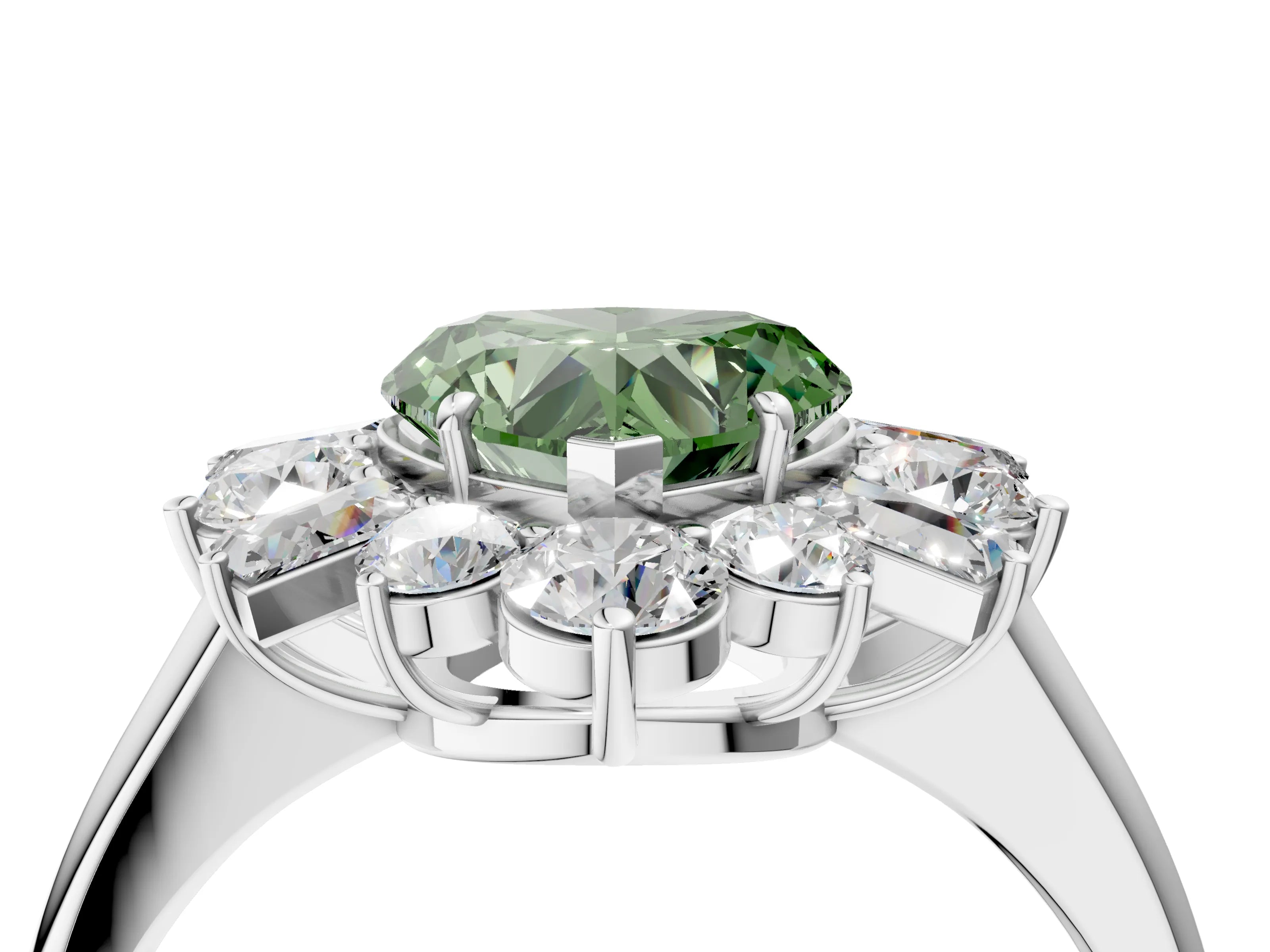 White gold Fancy Green Heart Cut Diamond Cluster Ring with Round and Baguette Stones, Split Shank Band, Prong Setting_4