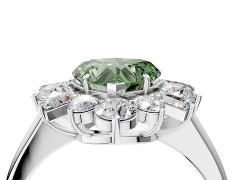 White gold Fancy Green Heart Cut Diamond Cluster Ring with Round and Baguette Stones, Split Shank Band, Prong Setting_4