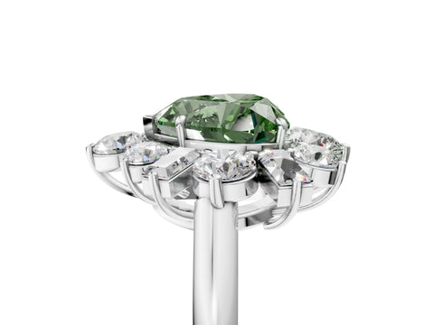 White gold Fancy Green Heart Cut Diamond Cluster Ring with Round and Baguette Stones, Split Shank Band, Prong Setting_5