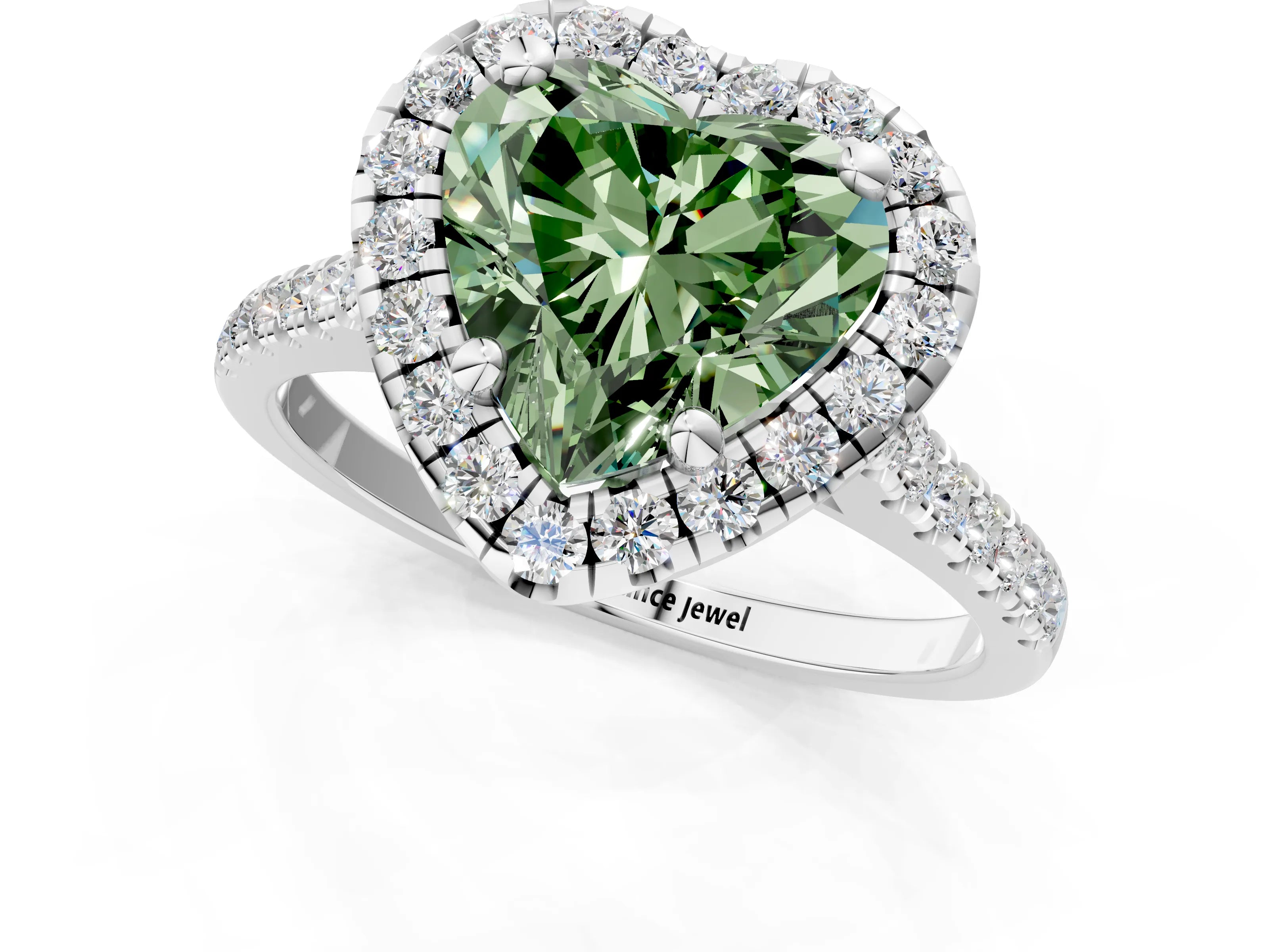 White gold Fancy Green Heart Cut Diamond Cushion Halo Ring with Pavé Band_1