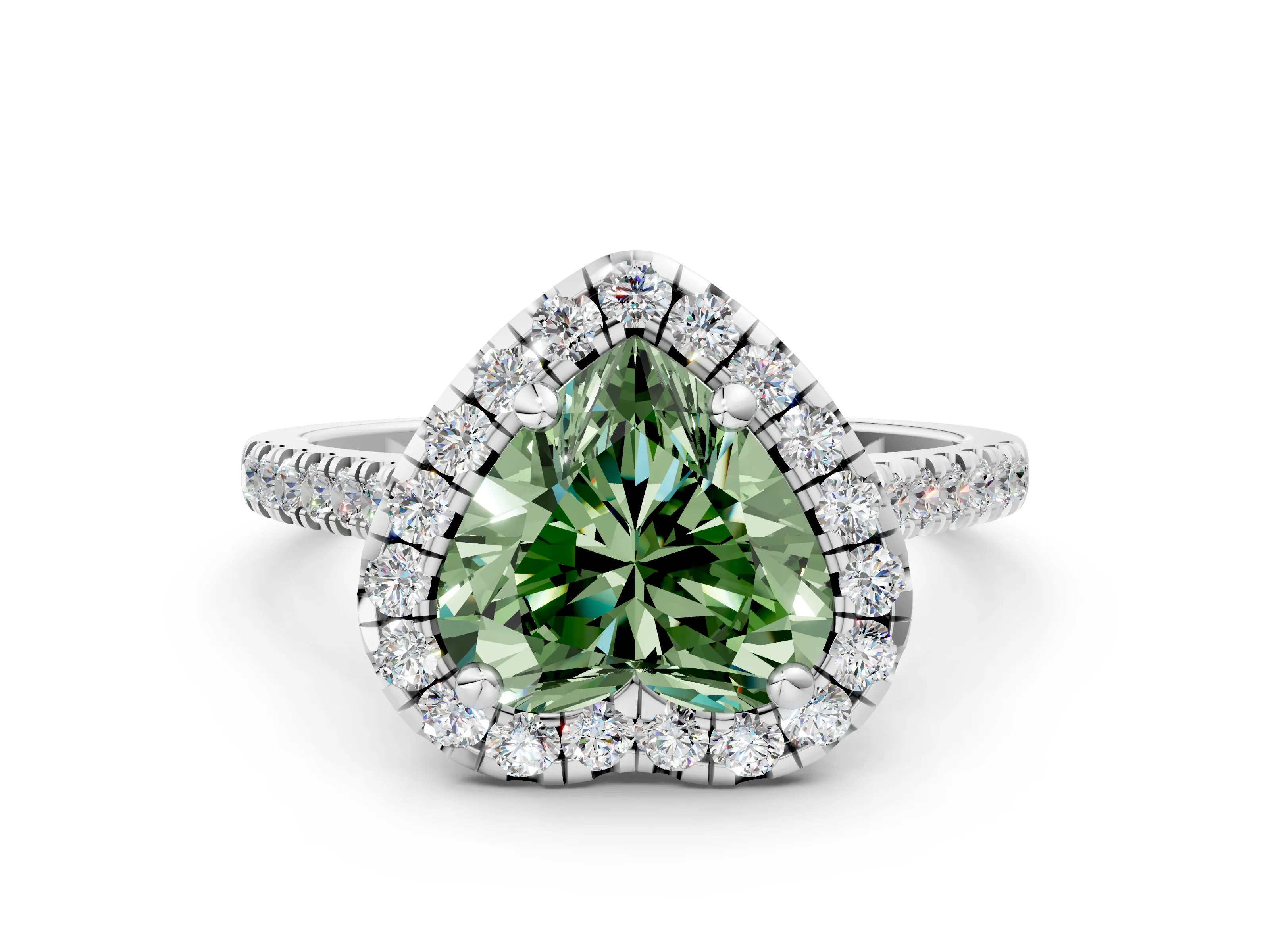 White gold Fancy Green Heart Cut Diamond Cushion Halo Ring with Pavé Band_12