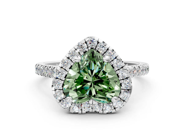 White gold Fancy Green Heart Cut Diamond Cushion Halo Ring with Pavé Band