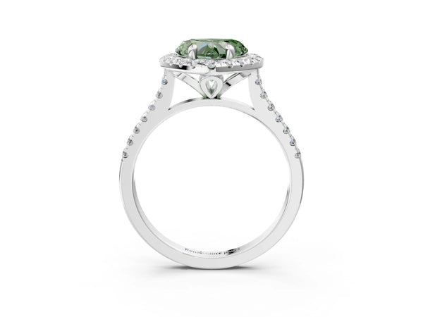 White gold Fancy Green Heart Cut Diamond Cushion Halo Ring with Pavé Band