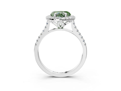 White gold Fancy Green Heart Cut Diamond Cushion Halo Ring with Pavé Band_15