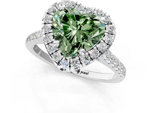 White gold Fancy Green Heart Cut Diamond Cushion Halo Ring with Pavé Band_1