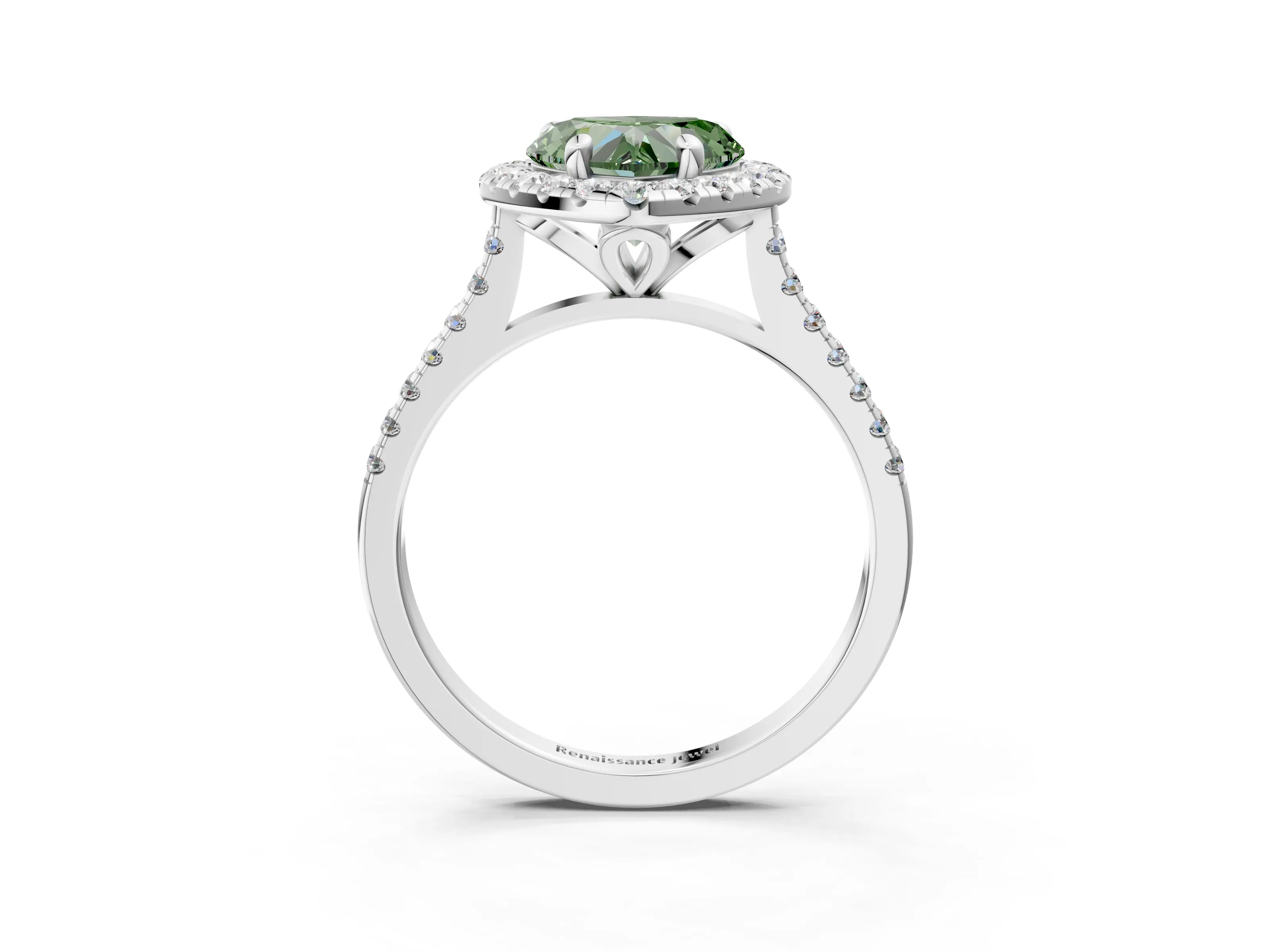 White gold Fancy Green Heart Cut Diamond Cushion Halo Ring with Pavé Band_3