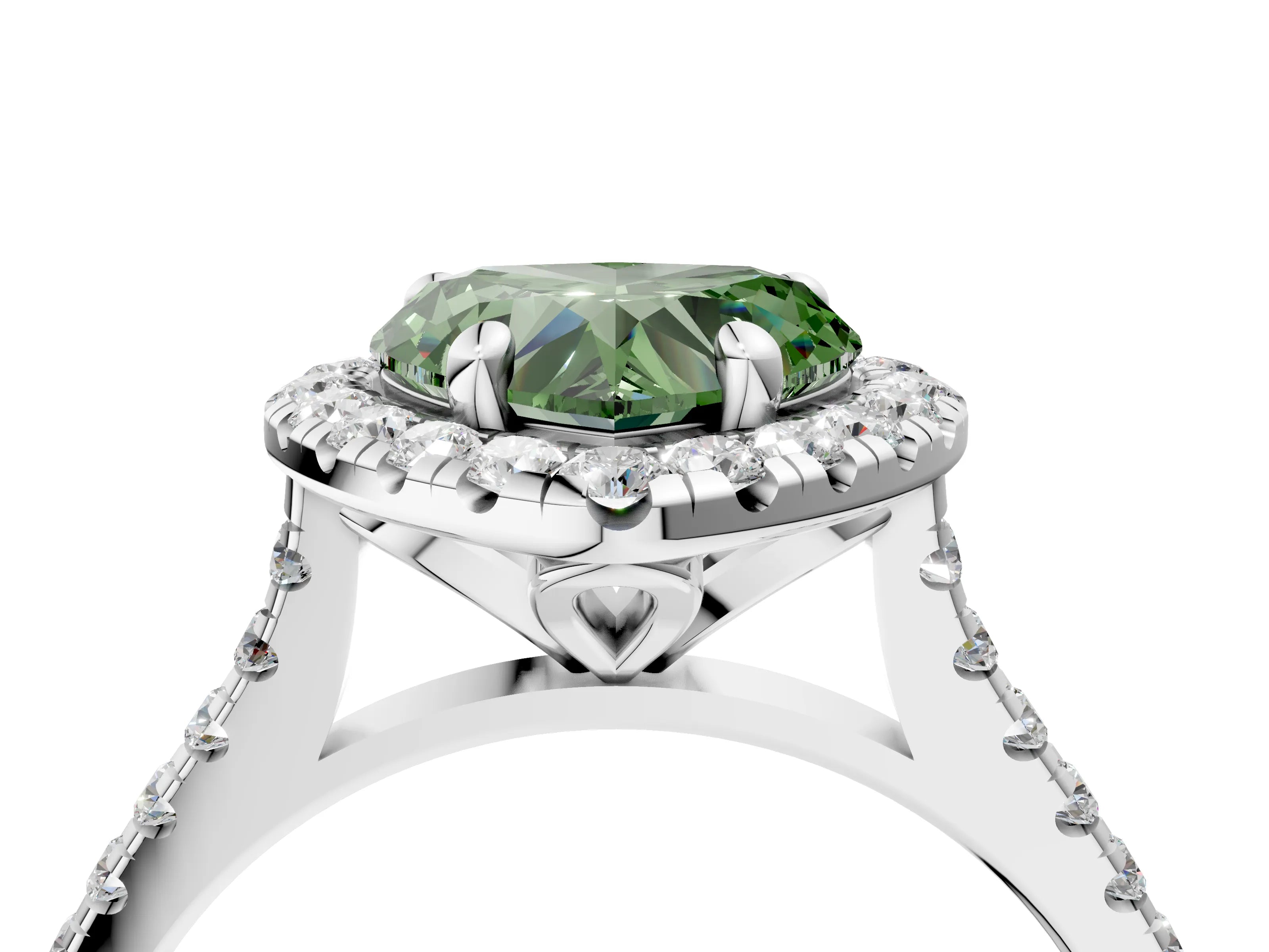 White gold Fancy Green Heart Cut Diamond Cushion Halo Ring with Pavé Band_4