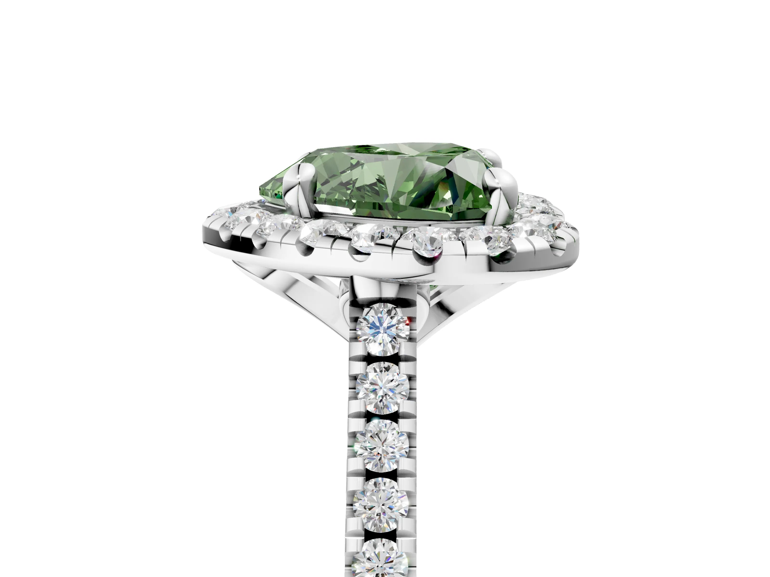 White gold Fancy Green Heart Cut Diamond Cushion Halo Ring with Pavé Band_5