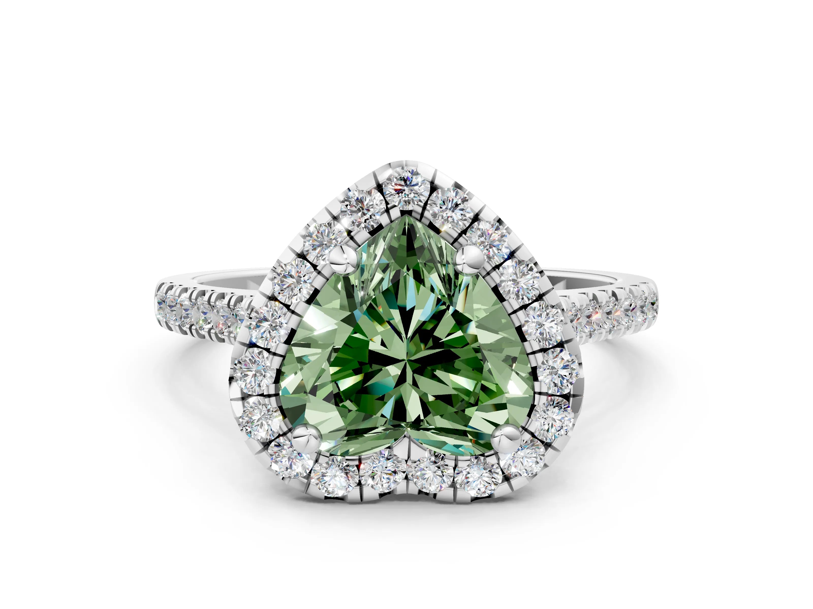 White gold Fancy Green Heart Cut Diamond Cushion Halo Ring with Pavé Band