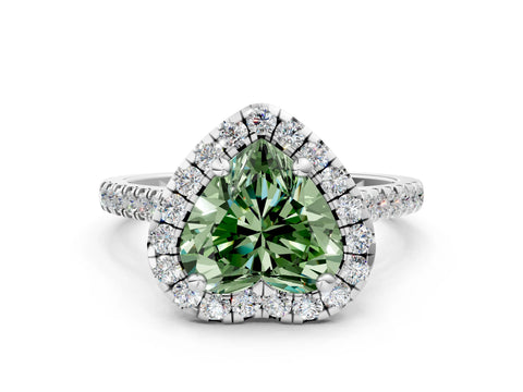 White gold Fancy Green Heart Cut Diamond Cushion Halo Ring with Pavé Band