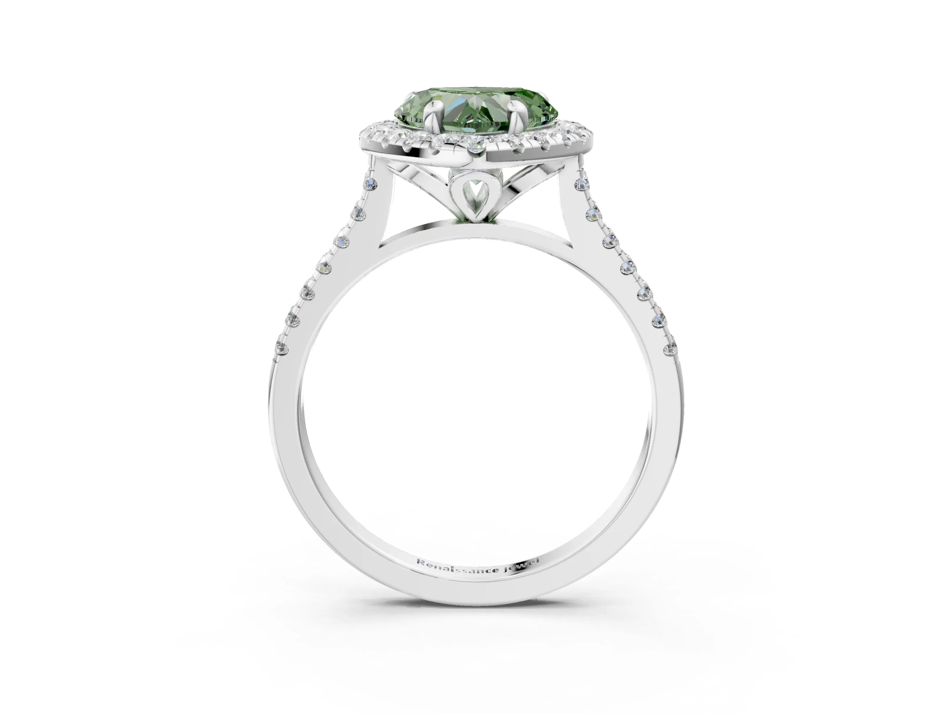 White gold Fancy Green Heart Cut Diamond Cushion Halo Ring with Pavé Band_9