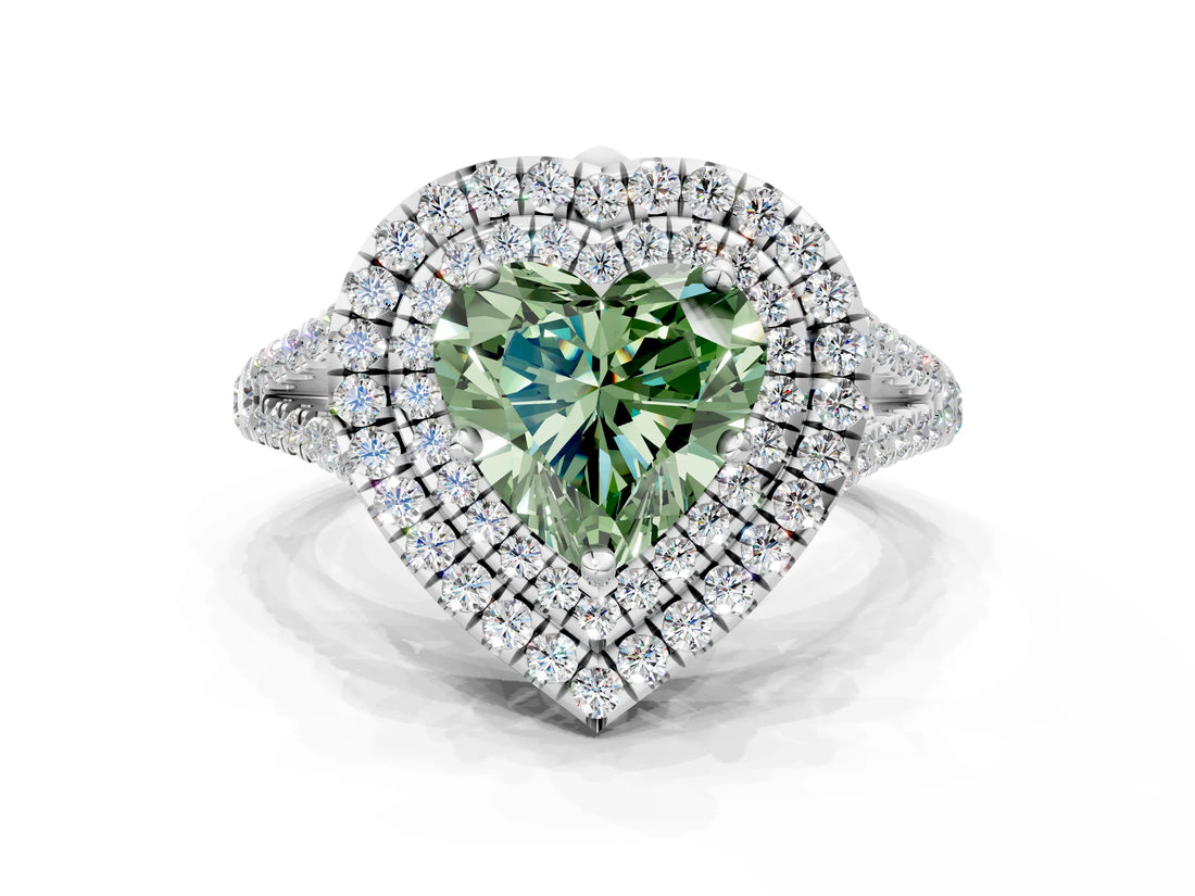 White gold Fancy Green Heart Cut Diamond Double Halo Ring with Pavé Band and Prong Setting_56