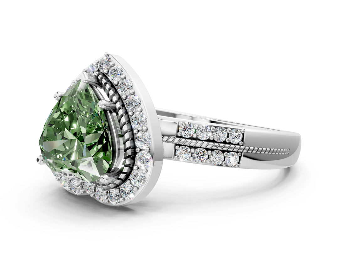 White gold Fancy Green Heart Cut Diamond Double Halo Ring with Split Shank and Four-Prong Setting