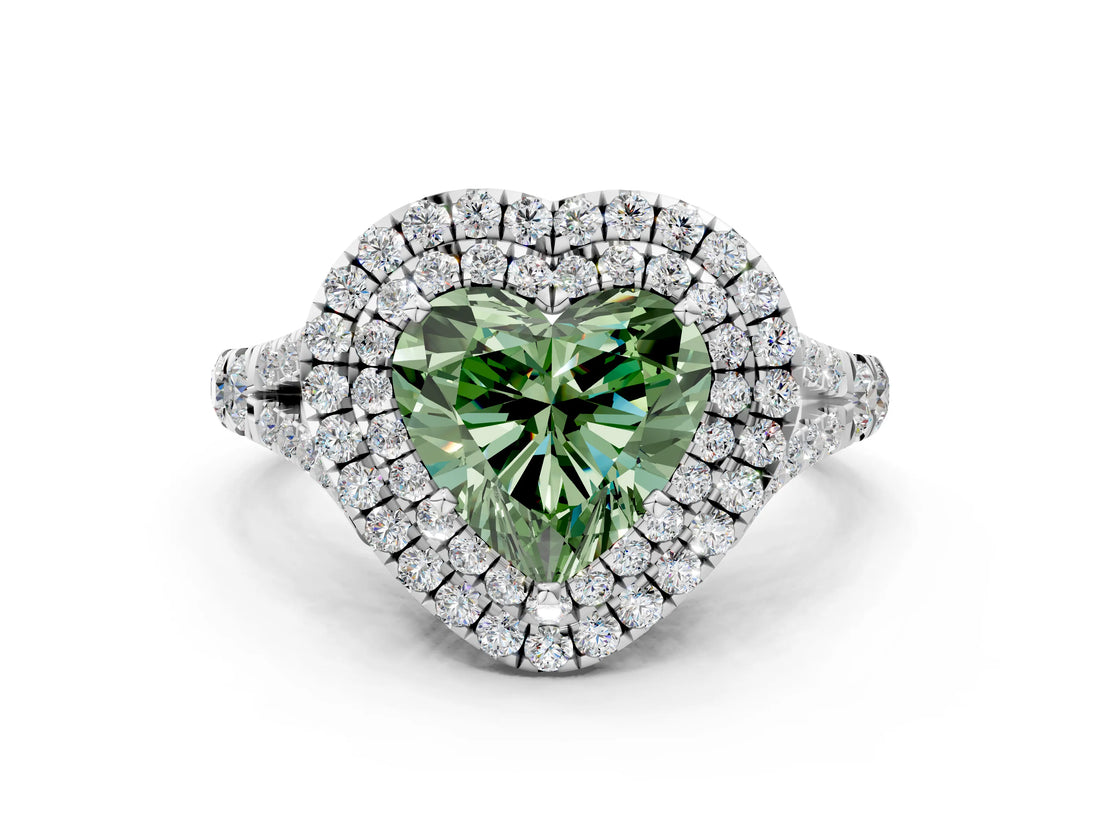 White gold Fancy Green Heart Cut Diamond Double Halo Ring with Split Shank and Prong Setting_27