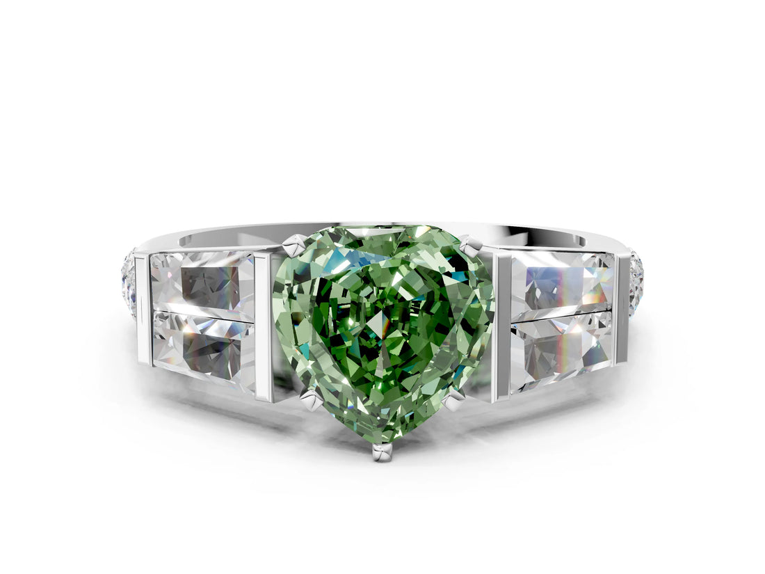 White gold Fancy Green Heart Cut Diamond Engagement Ring with Baguette Side Stones and Channel Set Band_29