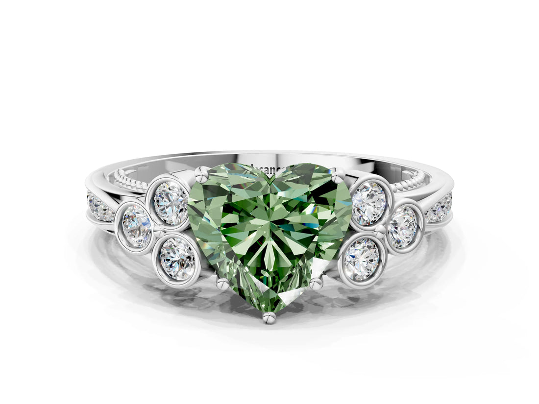 White gold Fancy Green Heart  Cut Diamond Engagement Ring with Bezel Set Round Side Stones and Prong Setting_24