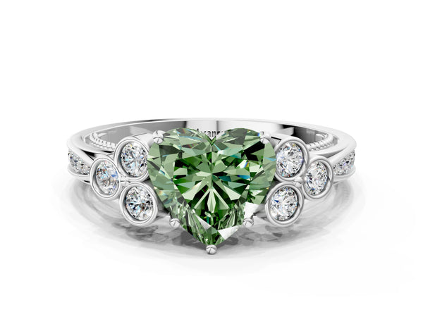 Platinum Fancy Green Heart  Cut Diamond Engagement Ring with Bezel Set Round Side Stones and Prong Setting