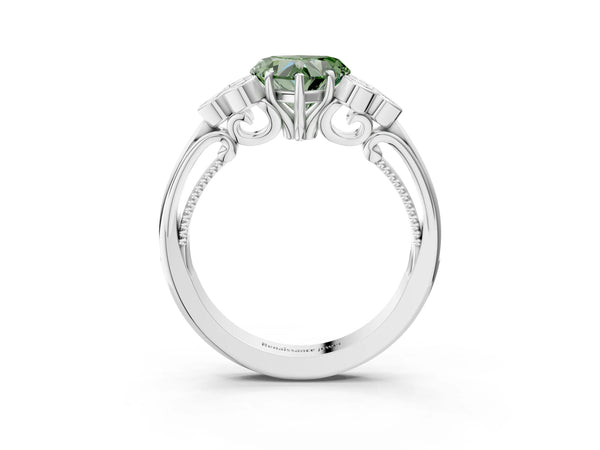 Platinum Fancy Green Heart  Cut Diamond Engagement Ring with Bezel Set Round Side Stones and Prong Setting