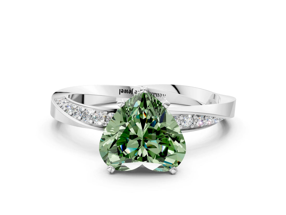 White gold Fancy Green Heart Cut Diamond Engagement Ring with Side Stone Accents and Four-Prong Setting_109