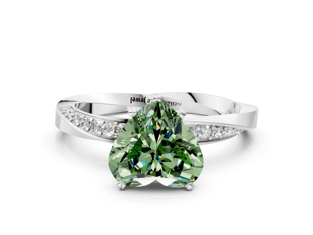White gold Fancy Green Heart Cut Diamond Engagement Ring with Side Stone Accents and Four-Prong Setting_36