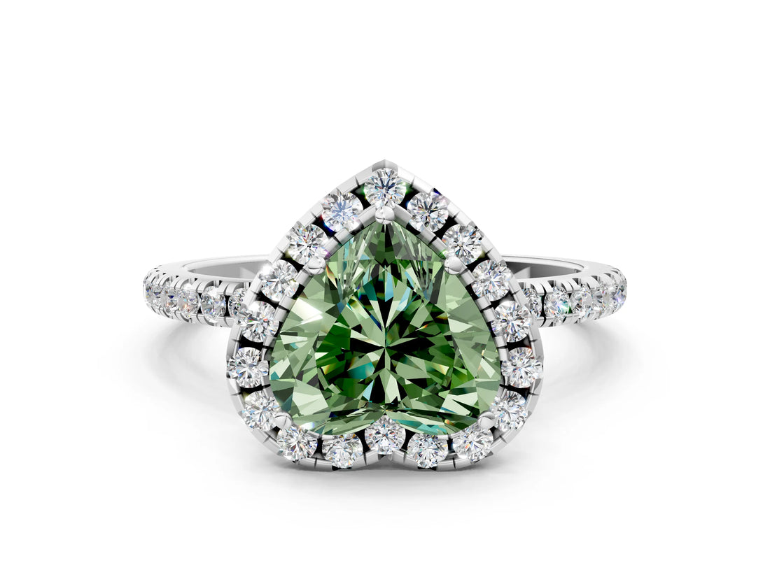 White gold Fancy Green Heart  Cut Diamond Floral Halo Engagement Ring with Pavé Band and Prong Setting_53