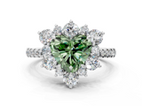 White gold Fancy Green Heart  Cut Diamond Floral Halo Pave Band with Prong Setting