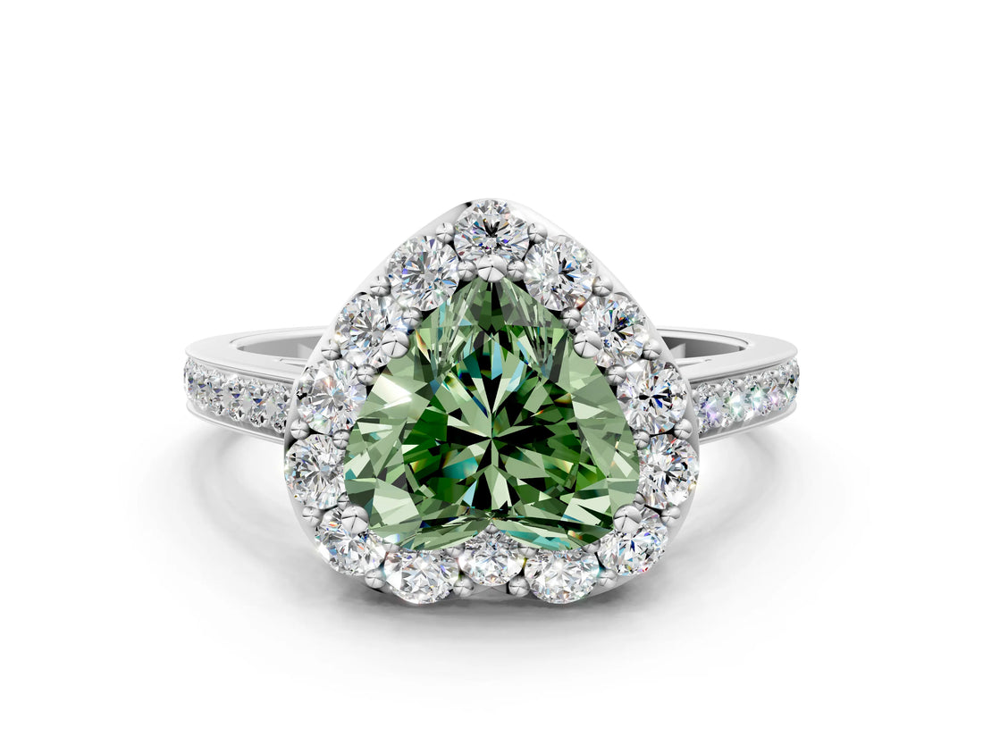 White gold Fancy Green Heart Cut Diamond Floral Halo Ring with Pavé Band and Prong Setting_7