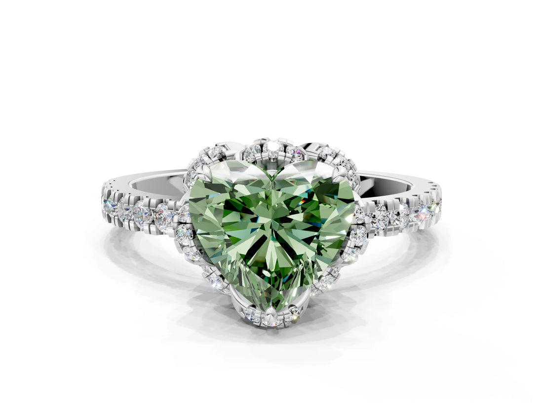 White gold Fancy Green Heart Cut Diamond Halo Pave Band with Four-Prong Setting_3